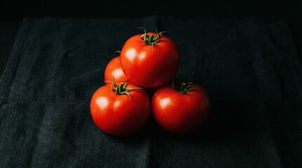 Pyramid of ripe red tomatoes on rustic black background.