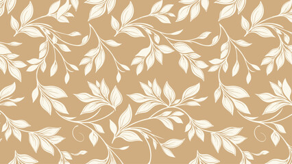 White Leaves Pattern on Beige Background.
