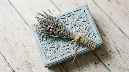 Lavender Dreams Vintage Box  Blooms on Whitewashed Wood.