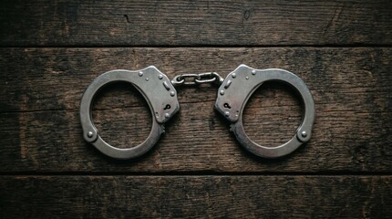 Steel Grip Handcuffs on Rustic Wooden Table  Crime with Law  Justice.