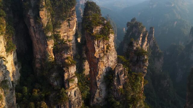 Quartz-sandstone Pillars With Flora At Zhangjiajie National Forest Park In Hunan Province, China. - aerial shot