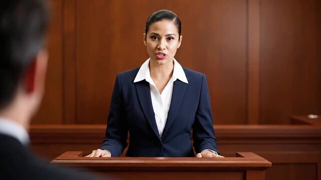 Focused female attorney delivering passionate opening statement motion footage while addressing the court from a wooden podium in a courtroom setting