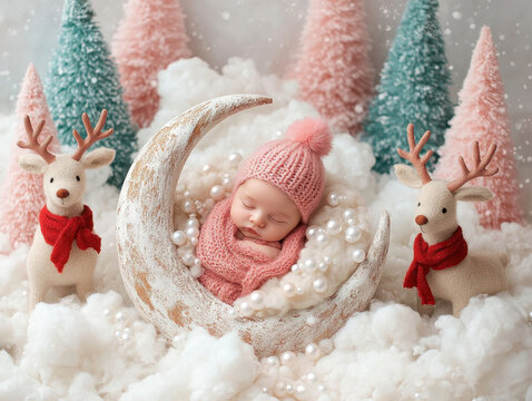 Newborn baby sleeping moon cloud pearl winter christmas pastel cute dreamy newborn baby sleeping crescent moon amid fluffy cloud and pearl nest with winter pastel christmas trees and reindeer