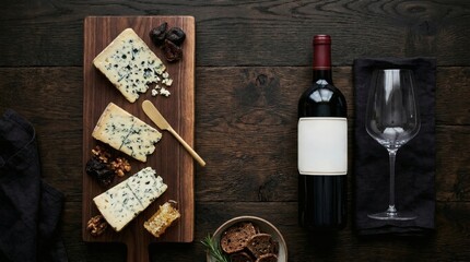Wine  Cheese Delight Rustic Still Life on Wood Table.
