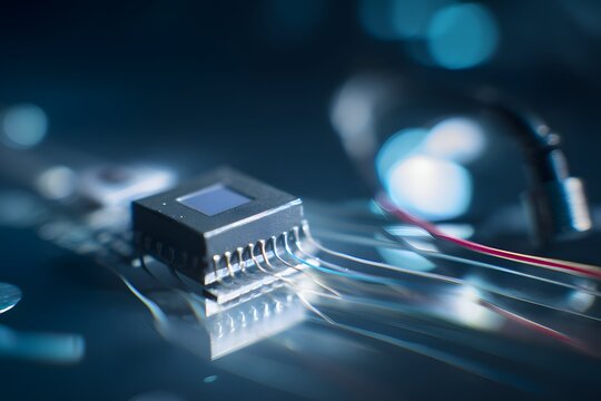 A detailed, sleek photodiode featuring complex semiconductor surface and intricate wiring.