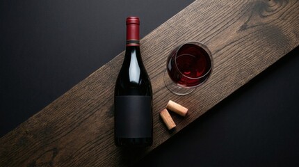 Red Wine Elegance Bottle  Glass on Rustic Wood Against Black.