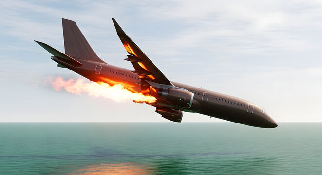 Brown Passenger Jet with Engine Fire and Flames Trailing Over Ocean at Sunset. Dramatic aviation scene featuring a sleek brown commercial jet airliner (similar to Embraer E-Jet or regional aircraft)