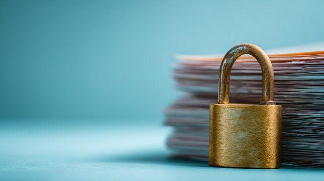 Metallic padlock secures a tall stack of important documents against a cool blue backdrop