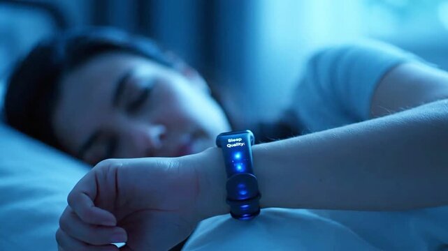 Serene woman sleeping soundly while wearing a fitness tracker that monitors vital signs through the night video footage motion