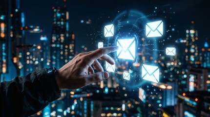 Digital Touch Mails in Futuristic Cityscape.