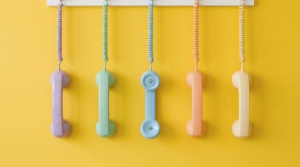 Colorful Vintage Phone Receivers Retro communication against a sunny yellow backdrop.