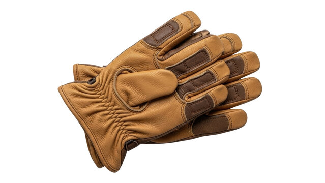 Isolated pair of leather work gloves used for construction, gardening, yardwork, or driving