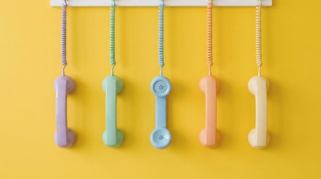 Colorful Vintage Phone Receivers Retro communication against a sunny yellow backdrop.