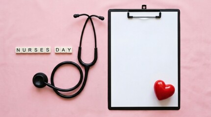 Nurses Day message with stethoscope, and heart  clipboard on pink for text.