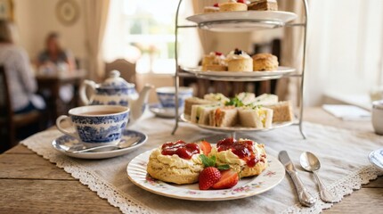 Afternoon Tea Scones with cakes, and and sandwiches on a tiered stand.