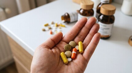 Handful of Pills Wellness with Health, and Medicine on Table.