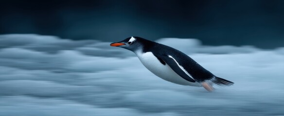 The penguin glides quickly over the frozen ice patch like a speedy bird.
