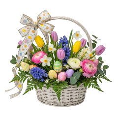Obraz premium A vibrant basket of flowers with a variety of colorful blooms and greenery isolated on transparent background