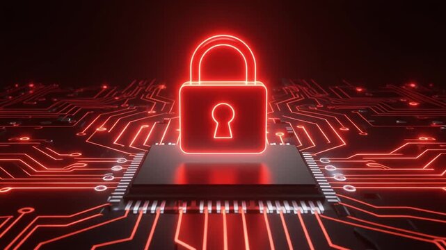 Glowing red padlock above circuit board, symbolizing cybersecurity.
