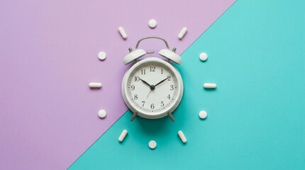 Time to Heal Clock with Pills on Pastel Turquoise  Lavender Background.