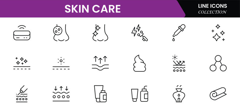 Skin care line icons set. Moisture cream, acid, anti wrinkle serum, creamed, collagen. Pixel perfect, minimalistic web and UI icon.Thin line icon collection. Vector illustration.