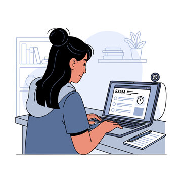 Young woman taking an online exam or test on a laptop with a webcam at her desk.