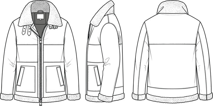 Fashion technical sketch of a shearling aviator bomber jacket vector template featuring front back and side views with a plush fur collar.