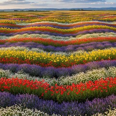 Vibrant multi-colored flower field with rows of purple lavender, red, yellow, and white blooms under a cloudy sky with distant mountains.