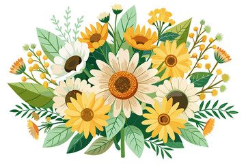 Vibrant bouquet of sunflowers and wildflowers with lush greenery in a stunning floral arrangement