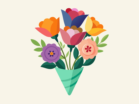 Colorful geometric floral bouquet with vibrant blossoms and green leaves in modern abstract vase design