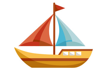 Fototapeta premium Colorful cartoon sailing boat with red and blue sails on white background for nautical and maritime themes