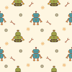 Fototapeta premium Robot green and blue cartoon so cute. On gears wrench sun background. Pattern seamless vector illustration. 