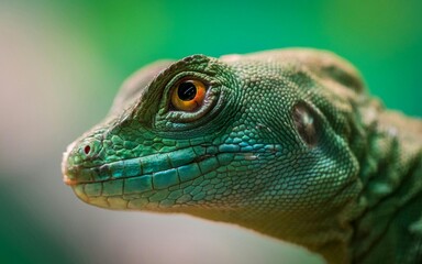 Obraz premium A close-up portrait of a green lizard with vibrant orange eyes