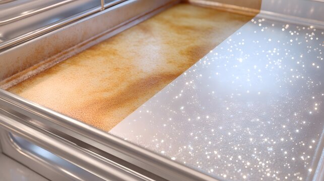 Metal tray shows before-and-after cleaning
