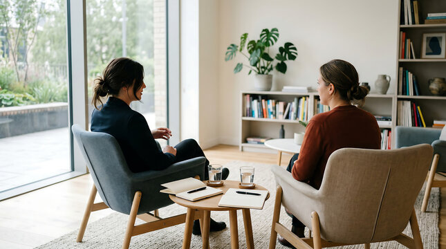 Two professional women having a private office conversation with notebooks and water in modern lounge meeting area for coaching interview and support