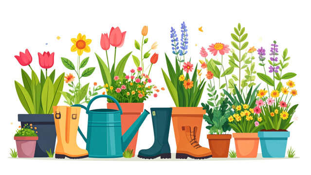 Spring gardening tools and flowers illustration set featuring watering cans, boots, gloves, pots, and blooming plants in colorful flat vector style