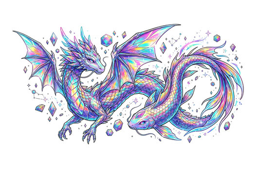 Beautiful holographic crystal dragon flying with a majestic koi fish. Prismatic shimmering fantasy animal illustration with floating gems.