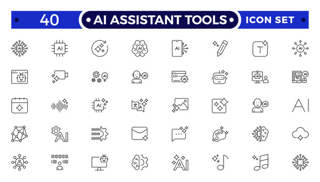 AI Assistant Tools outline icon. Tools arm robotic virtual fitting icon hem futuristic tailoring sensor vector ironing.