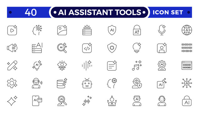 AI Assistant Tools outline icon. Tools arm robotic virtual fitting icon hem futuristic tailoring sensor vector ironing.