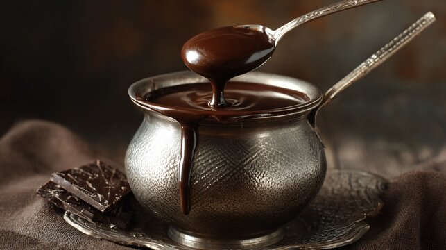A rich dark chocolate pot with glossy surface reflecting light dramatically
