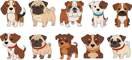 Adorable Puppy Dog Breeds Illustration Set with Pug, Bulldog, Beagle and Mixed Cartoon Dogs for Pet Lover Design