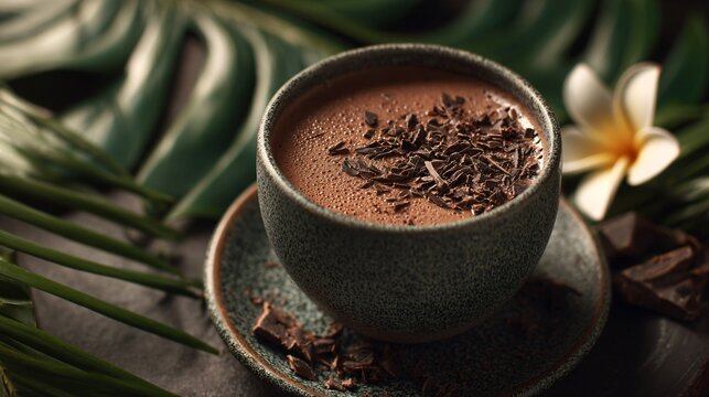 A vegan chocolate pot made with coconut cream and dark cocoa served in a matte ceramic cup with tropical styling