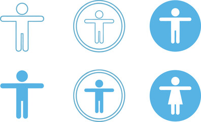 Accessible Restroom and Gender Neutral Toilet Icon Set Featuring Male and Female Human Figures in Outline and Solid Blue Vector Style