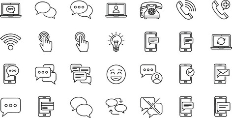 Customer Support and Online Communication Line Icon Set Featuring Chat, Phone Call, Email, WiFi, Touchscreen and Feedback Symbols