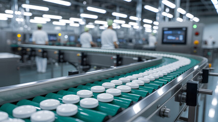 A pharmaceutical factory production line with workers in the background