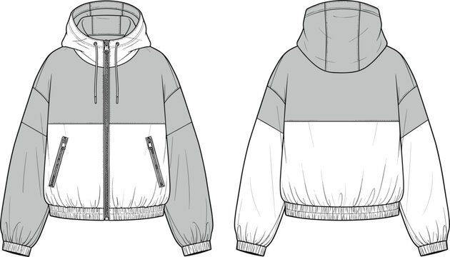 Fashion technical sketch of a hooded zip-up windbreaker jacket vector template featuring front and back views in grey and white.