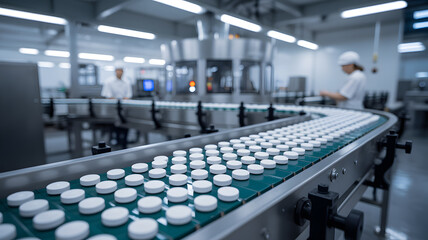 Obraz premium A pharmaceutical factory production line with workers in white lab coats