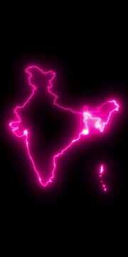 Glowing neon Indian map, black Background Effect 4K Video.