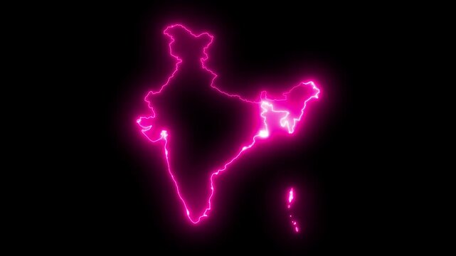 Glowing neon Indian map, black Background Effect 4K Video.