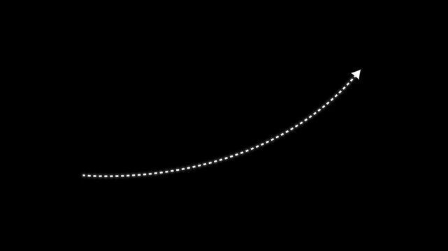 4k Long dotted line arrow animation to indicate an object. arrow animation following wavy dotted line. target arrow icon on black background.
